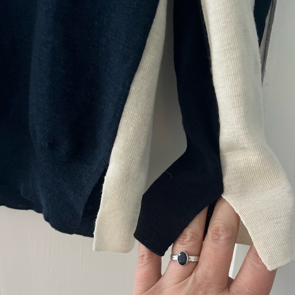 Akris Punto 100% Wool Black Navy Blue Cream Color Block Cardigan Sweater Sz 14 - Picture 7 of 8